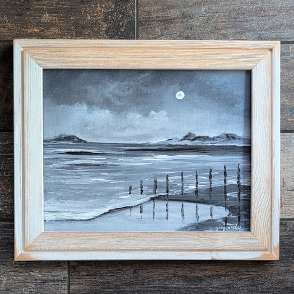 Gray Coastal Full Moon Over Beach Original New Acrylic Painting Canvas FRAMED